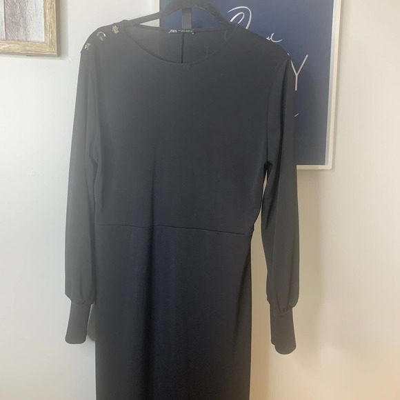 ZARA Womens Dress Size Large Black Long Sleeves Bird Leaf Button Details - Picture 2 of 6